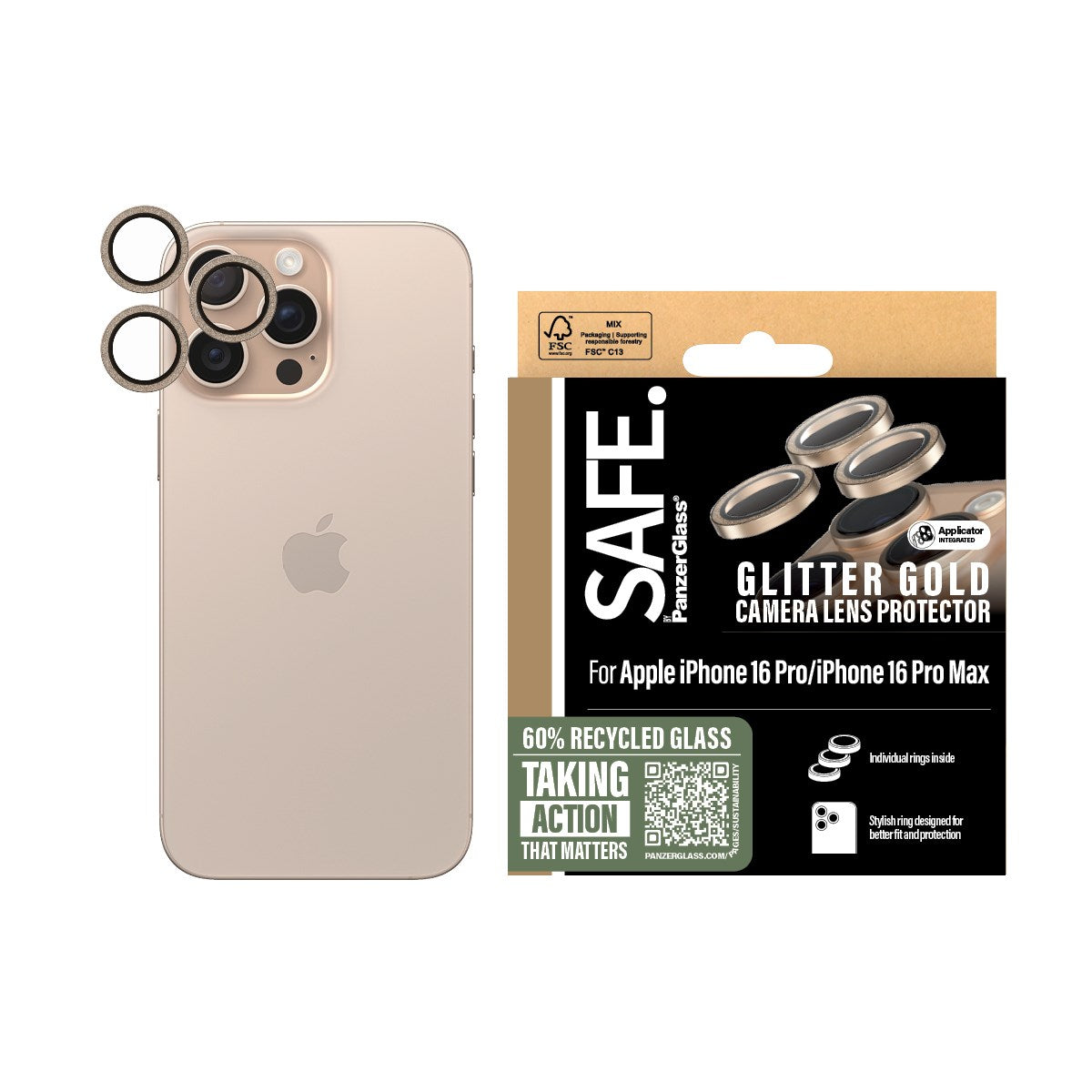SAFE. by PanzerGlass® Kameralinsebeskytter Glitter Guld iPhone 16 Pro | 16 Pro Max